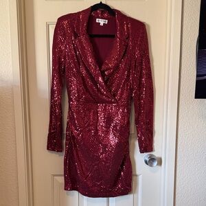 Emerald Sundae Red Sequin Long-Sleeve Wrap Dress